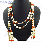 Load image into Gallery viewer, Multi-strand necklace featuring white pearls and orange carnelian beads, perfect for women's fashion