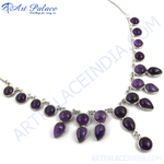 Load image into Gallery viewer, 925 sterling silver necklace featuring multiple round and teardrop-shaped amethyst gemstones in a beautiful purple hue.
