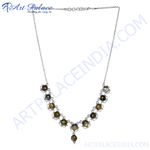 Load image into Gallery viewer, Sterling silver necklace with multiple smoky quartz gemstones arranged in a curve for women.