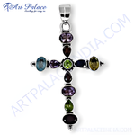 Load image into Gallery viewer, Sterling silver cross pendant with amethyst, peridot, and other gemstones. Colorful and elegant jewelry.