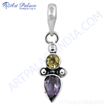 Load image into Gallery viewer, 925 sterling silver pendant featuring a teardrop amethyst and a citrine gemstone in yellow.