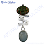 Load image into Gallery viewer, Sterling silver pendant necklace featuring an oval green and red unakite stone and a grey agate stone.