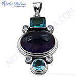Load image into Gallery viewer, 925 sterling silver pendant with a large purple amethyst gemstone and blue topaz accents, a beautiful gemstone pendant necklace.