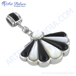 Load image into Gallery viewer, Sterling silver fan pendant charm with black onyx and white mother of pearl gemstones.