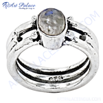 Load image into Gallery viewer, Sterling silver moonstone ring with a round, iridescent gemstone, ideal for women's jewelry.