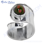 Load image into Gallery viewer, Sterling silver ring with a vibrant green and pink unakite stone, showcasing a unique design.