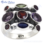 Load image into Gallery viewer, Sterling silver gemstone ring featuring amethyst, garnet, and other colorful gemstones; a statement piece.