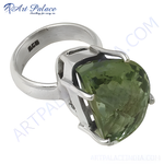 Load image into Gallery viewer, Sterling silver ring with a large green amethyst gemstone, faceted cut.