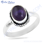 Load image into Gallery viewer, Sterling silver amethyst ring with a large oval purple gemstone.