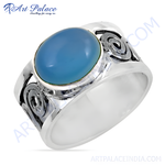 Load image into Gallery viewer, Sterling silver ring featuring a large oval blue chalcedony gemstone with decorative silver accents.