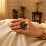Load image into Gallery viewer, Black Crystal Rose Adjustable Ring | Silver Flower Ring for Women