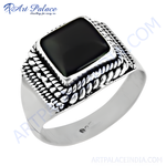 Load image into Gallery viewer, Sterling silver men's signet ring with a large square black onyx stone.