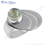 Load image into Gallery viewer, Sterling silver ring with a round moonstone gemstone center, elegant jewelry for women.
