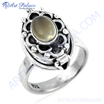 Load image into Gallery viewer, Sterling silver ring with a grey mother of pearl stone, intricate design.