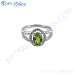 Load image into Gallery viewer, Sterling silver peridot ring with oval green gemstone and white gemstone accents for women