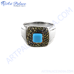 Load image into Gallery viewer, Sterling silver ring with a square turquoise gemstone center surrounded by marcasite stones.