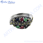 Load image into Gallery viewer, Sterling silver gemstone ring featuring a mix of colorful oval cut gemstones in a detailed design.