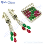 Load image into Gallery viewer, Sterling silver earrings and pendant set featuring emerald and ruby gemstones in a unique dangle design
