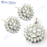 Load image into Gallery viewer, Silver flower earrings and pendant set with sparkling cubic zirconia gemstones, perfect for any occasion.