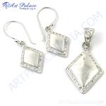 Load image into Gallery viewer, 925 sterling silver diamond shape pendant and earring set on white background.