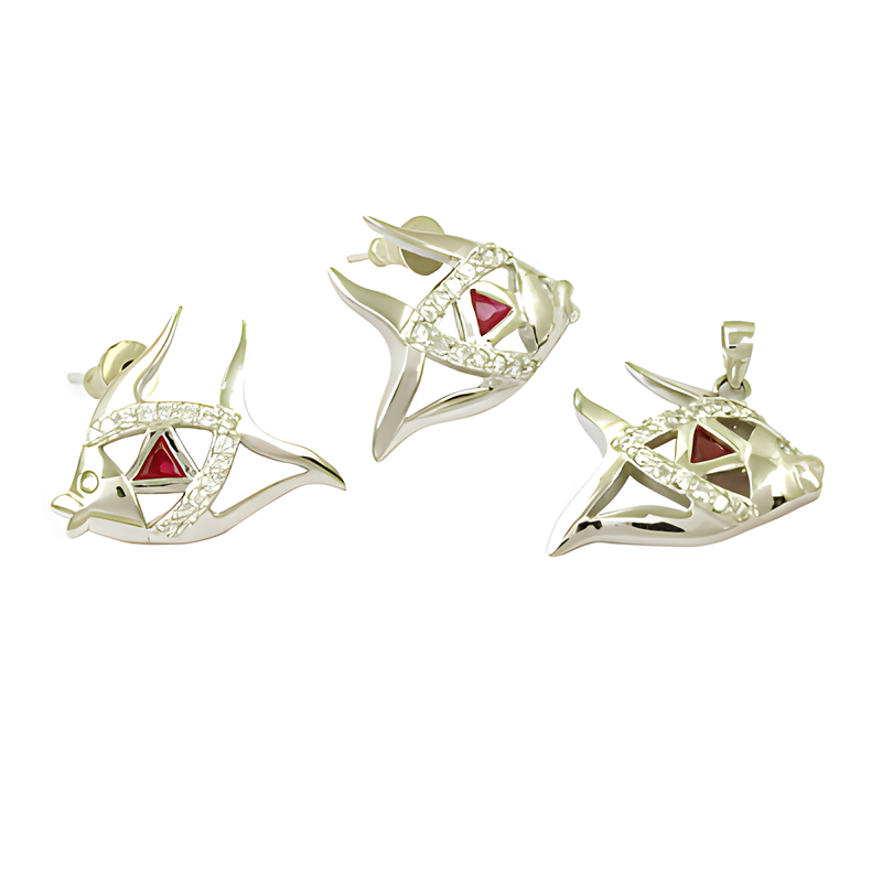 Lastest Luxury Cubic Zirconia & Pink Glass Gemstone Silver Pendant Set In Fish Style