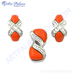 Load image into Gallery viewer, Sterling silver pendant and earrings set with vibrant orange coral and cubic zirconia accents