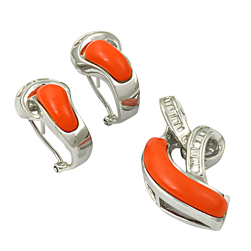 Newest Style Fashion Sterling Silver Cubic Zirconic & Synthetic Coral Pendant Set