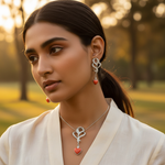 Load image into Gallery viewer, Silver Heart Pendant Earrings Set | Coral Gemstone Jewelry