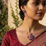 Load image into Gallery viewer, Silver Ruby Pendant Earrings Set | Women's Jewelry Gift