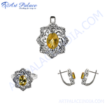 Load image into Gallery viewer, 925 sterling silver jewelry set featuring a citrine gemstone ring, pendant, and earrings.