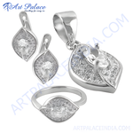 Load image into Gallery viewer, Silver leaf jewelry set including a ring, earrings and pendant with stone.