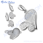 Load image into Gallery viewer, Sterling silver butterfly jewelry set including earrings, pendant, and ring with clear cubic zirconia stones.