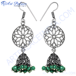 Load image into Gallery viewer, 925 sterling silver dangle earrings with filigree design and green beads.