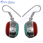 Load image into Gallery viewer, Silver drop earrings featuring red coral and turquoise gemstones for women.