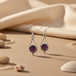 Load image into Gallery viewer, 925 sterling silver drop earrings with a round purple amethyst gemstone in the center