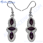 Load image into Gallery viewer, 925 sterling silver drop earrings with oval and marquise cut purple amethyst gemstones.