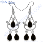 Load image into Gallery viewer, 925 silver dangle earrings with black onyx teardrop gemstones, elegant women's jewelry.