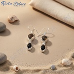 Load image into Gallery viewer, 925 sterling silver drop earrings with brown smoky quartz and black onyx gemstones