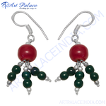 Load image into Gallery viewer, Silver Bead Drop Earrings | Red & Green Gemstone Jewelry