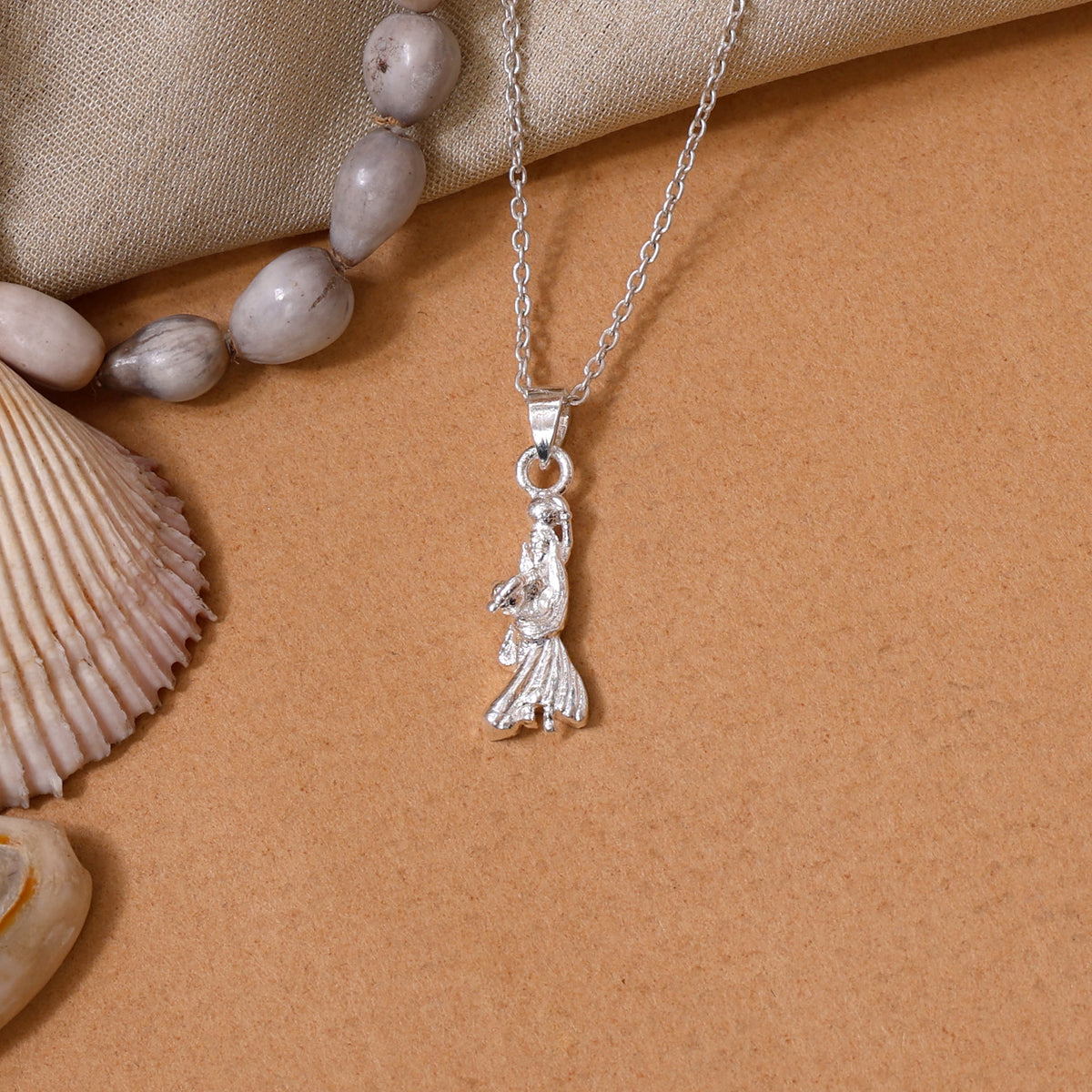 Detailed silver krishna bansuri pendant with chain