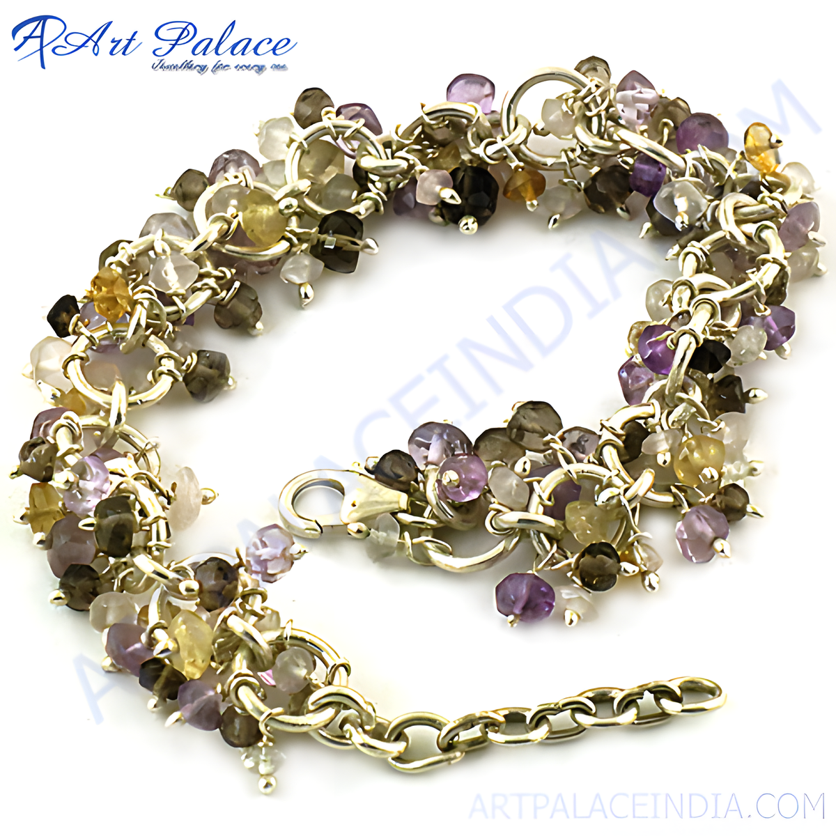 Sterling silver gemstone bracelet with amethyst, citrine, and smoky quartz beads on white background