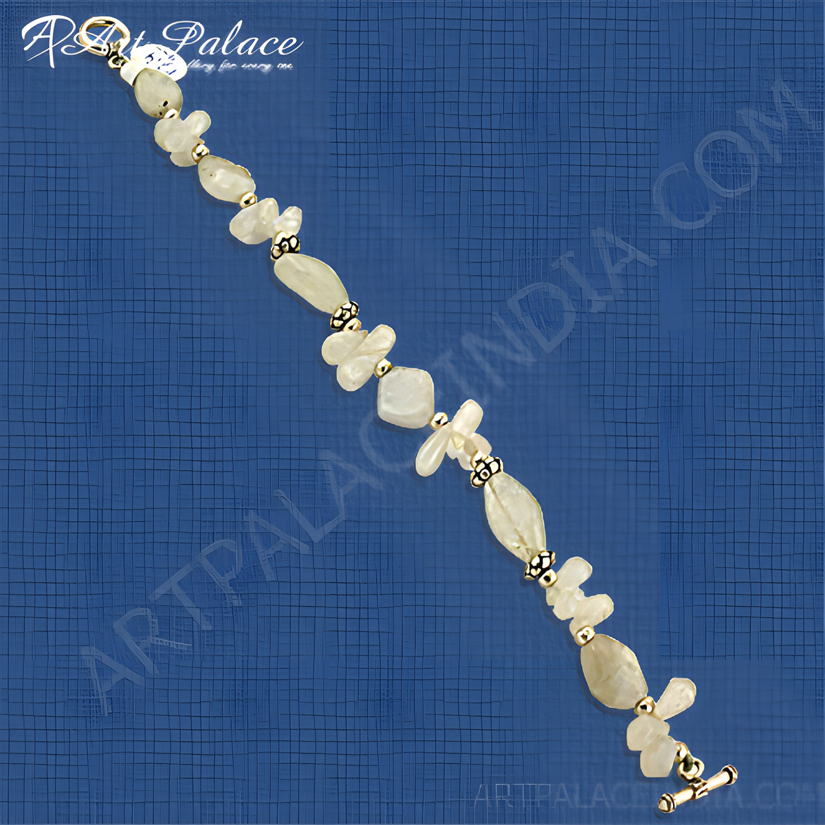 Gemstone bead bracelet with natural cream colored beads, gold accents and secure clasp