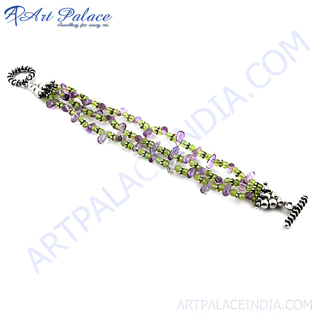 Sterling silver bracelet featuring amethyst and peridot gemstones, perfect for women's jewelry.