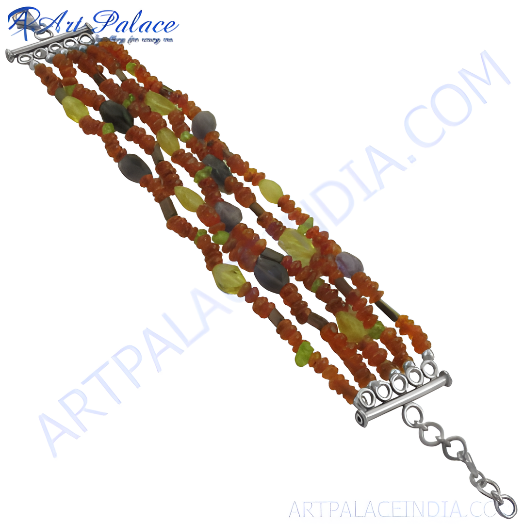 Multi-strand gemstone beaded bracelet in various colors with silver accents