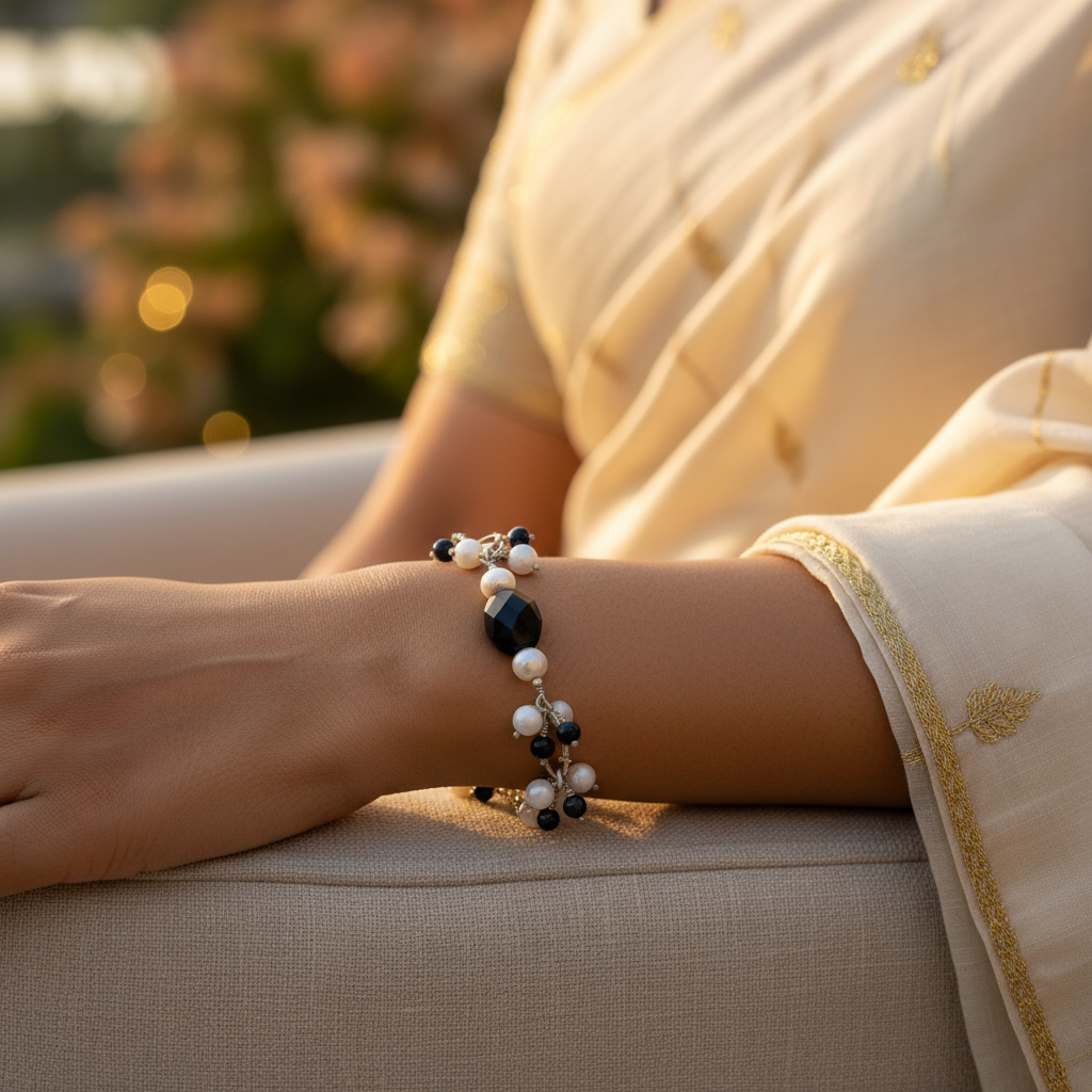 Silver pearl & onyx bead bracelet for women | gift jewelry