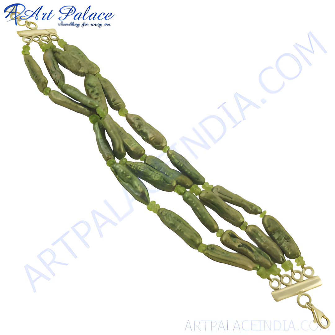 Olive green stone beaded bracelet, statement jewelry for women, unique beaded design, handcrafted bracelet with natural stones