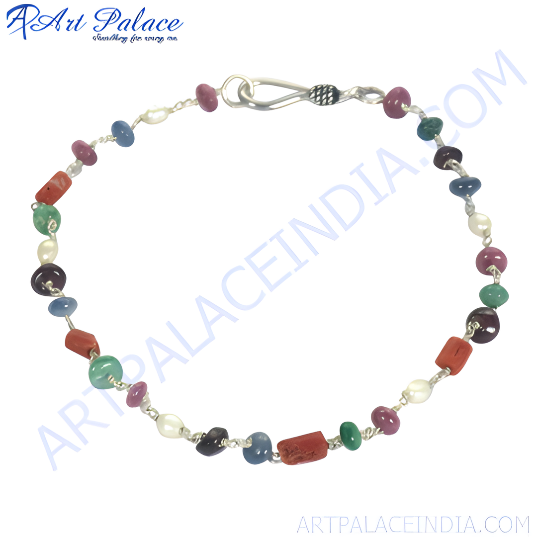 Gemstone beaded bracelet made of 925 sterling silver with a variety of colorful stones.