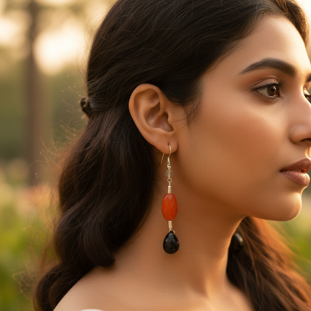 Silver Dangle Earrings with Red and Black Gemstones | Women's Jewelry