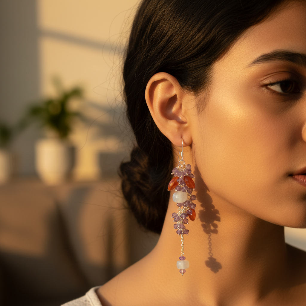 Silver Gemstone Cluster Drop Earrings for Women | Statement Jewelry