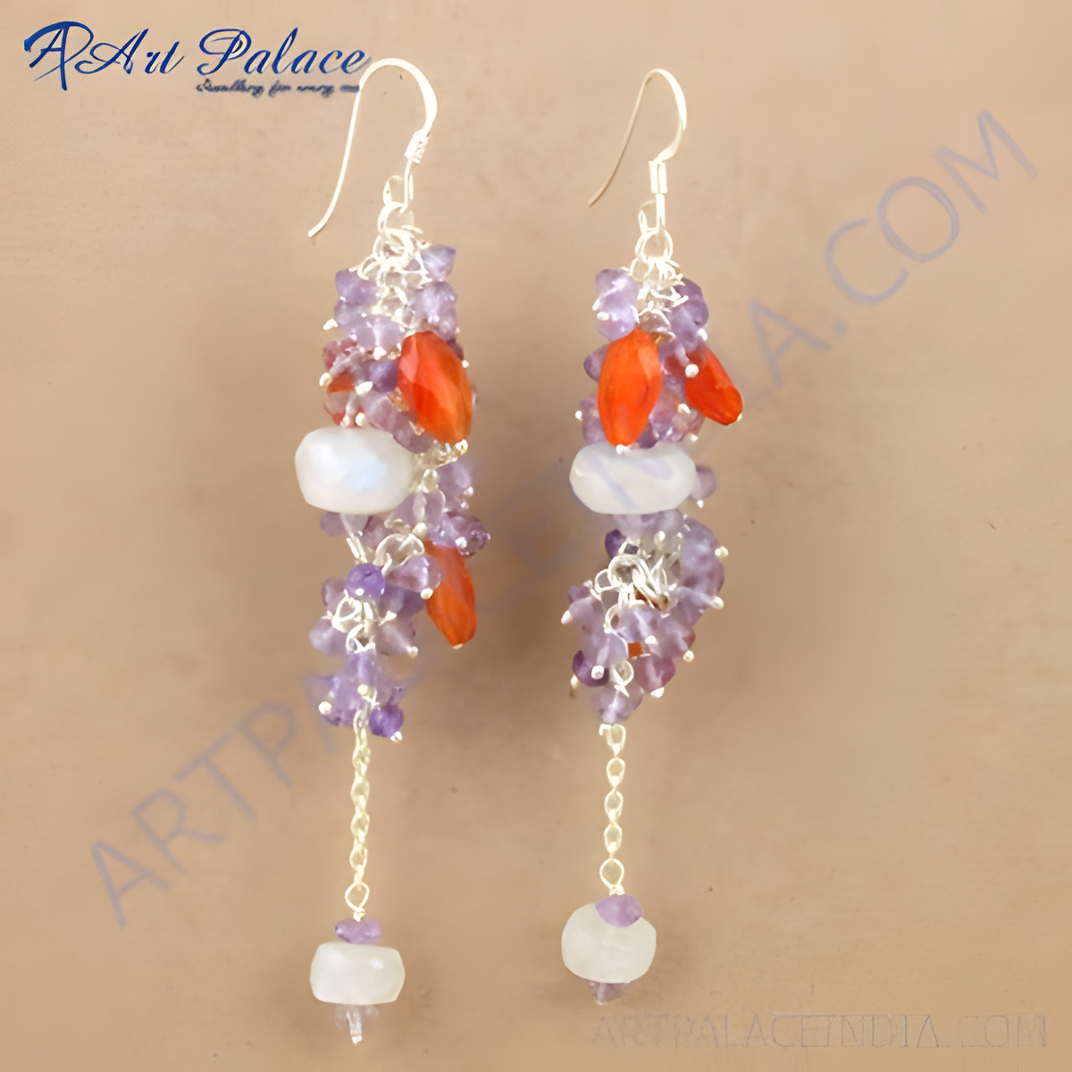 Silver gemstone drop earrings featuring amethyst, carnelian, and moonstone in a cluster design